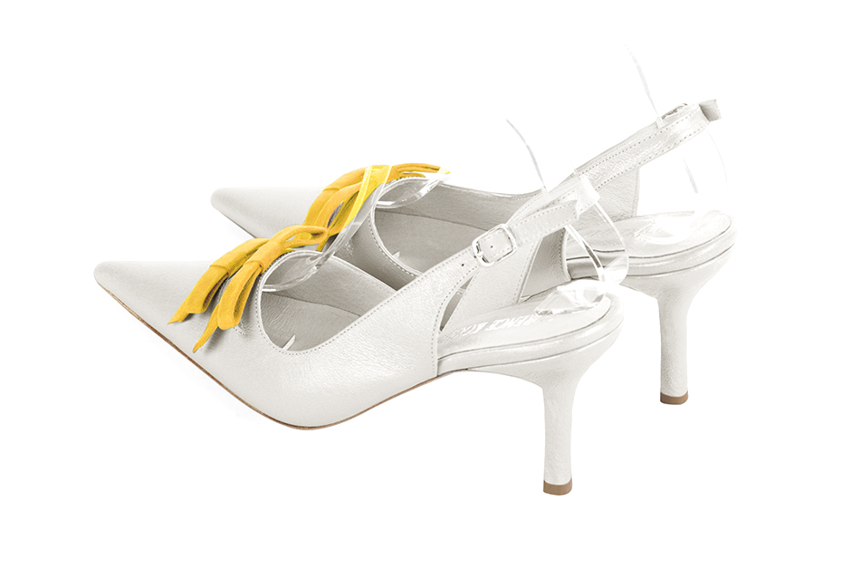 Women's pure white and yellow elegant slingback heels, with a bow on the front. Pointed toe. High slim heel - Rear view